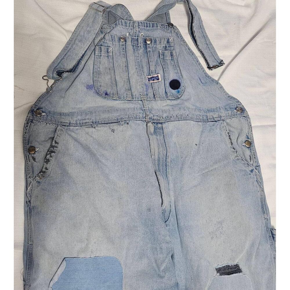 BIG‎ SMITH Distressed Patched Overalls Light Blue Frayed Grunge Mens 46x30